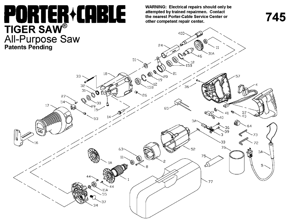 Fig-0 Diagram and Parts List for 745  Porter Cable Sander Grinder
